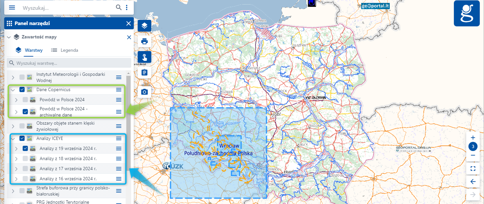 Zrzut ekranu prezentujący dane z zasięgiem warstwy "Analizy ICEYE" oraz archiwalne dane Copernicus