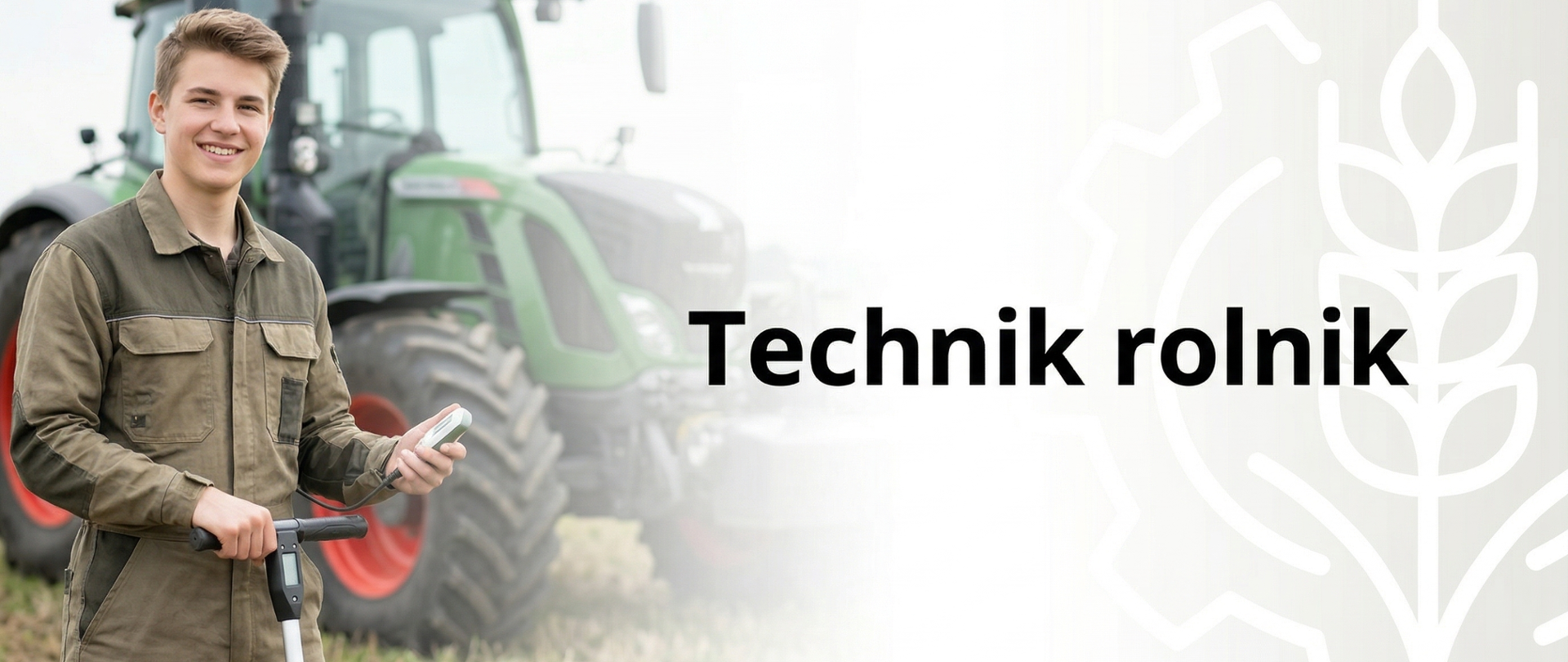 Baner promujący kierunek technik rolnik. Po lewej stronie młody mężczyzna w roboczym kombinezonie stoi na polu na tle dużego, zielonego traktora, trzymając w rękach profesjonalne urządzenie pomiarowe. Po prawej stronie napis „Technik rolnik” oraz grafika kłosa zboża i koła zębatego.