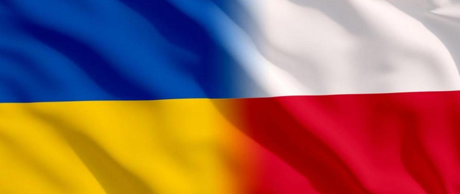 Grafika przedstawia połączoną flagę Ukrainy i Polski