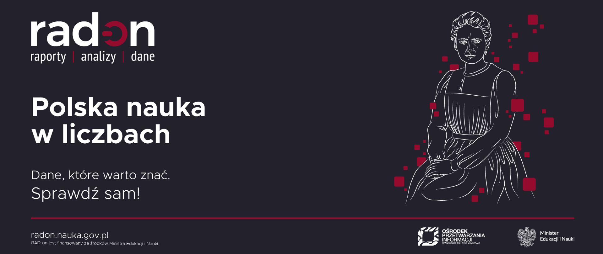 Grafika - na fioletowym tle sylwetka Marii Curie-Skłodowskiej i napis RAD-on - polska nauka w liczbach.