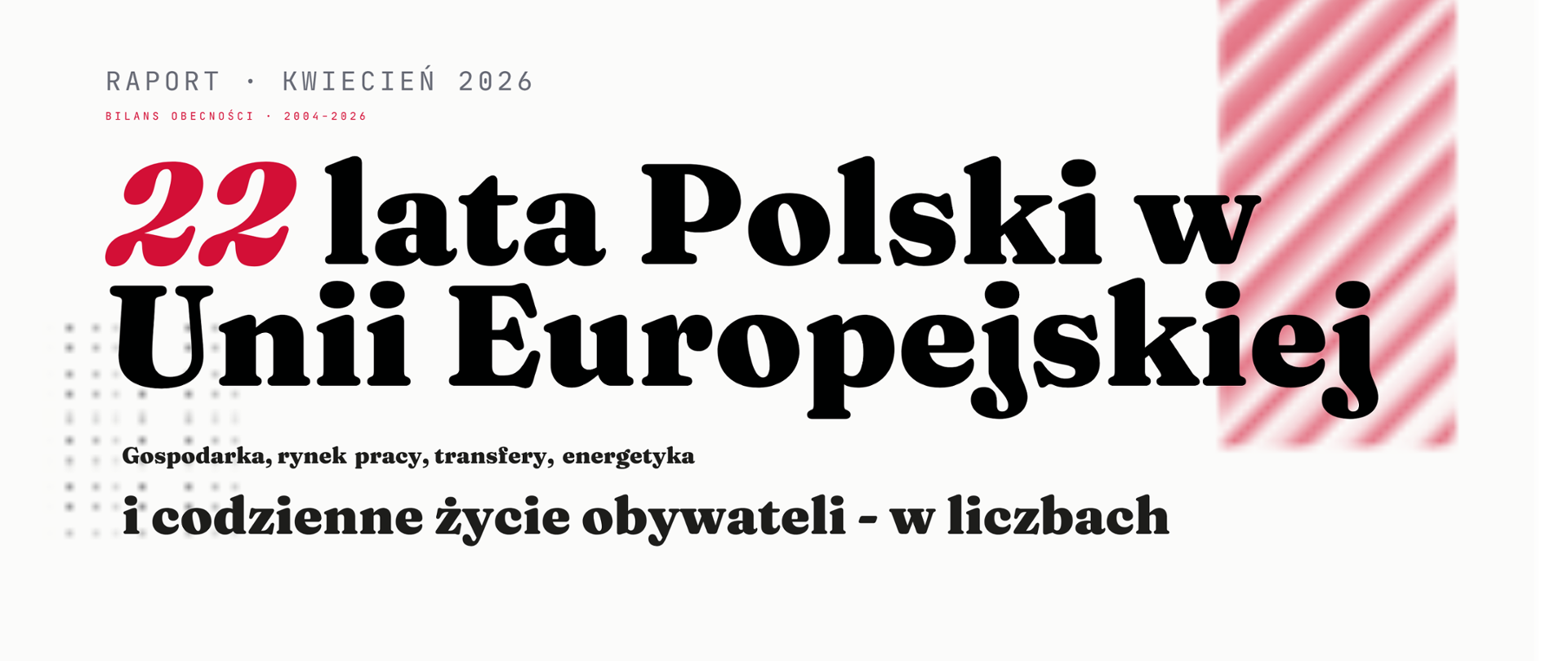 Grafika z napisem „22 lata Polski w Unii Europejskiej” oraz informacją o raporcie z kwietnia 2026 dotyczącym gospodarki, rynku pracy, transferów, energetyki i codziennego życia obywateli.