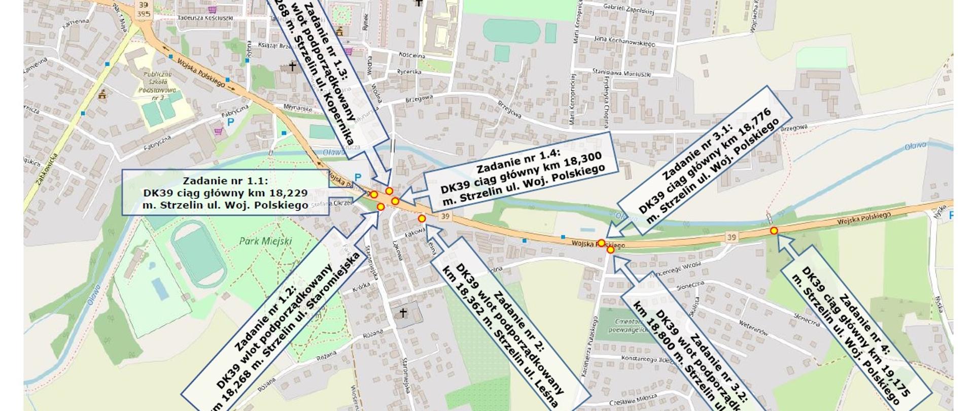 DK39 Strzelin - mapa orientacyjna ośmiu przejść - doświetlenie