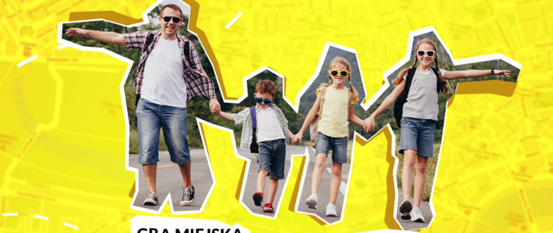 Grafika przedstawiająca rodzinę oraz napis dotyczący wydarzenia: "Gra miejska przygoda z tatą"