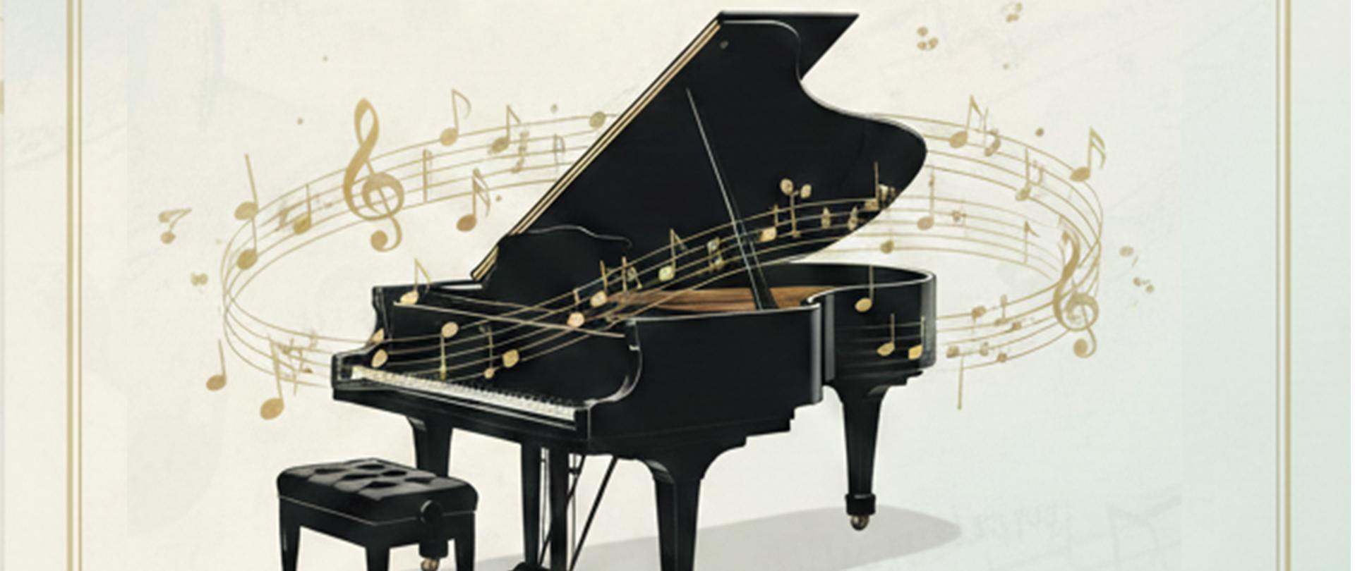 Tło plakatu w kolorze jasno kremowym , na około złota ramka osdobna z elementami liści. Po środku zdjęcie czarnego fortepianu, z elementem wirującej pięciolini z anutami w kolerze srebrnym. Na tym tle czarne ozdobne napisy informujące o miejscu, godzinie i wykonawcach koncertu.