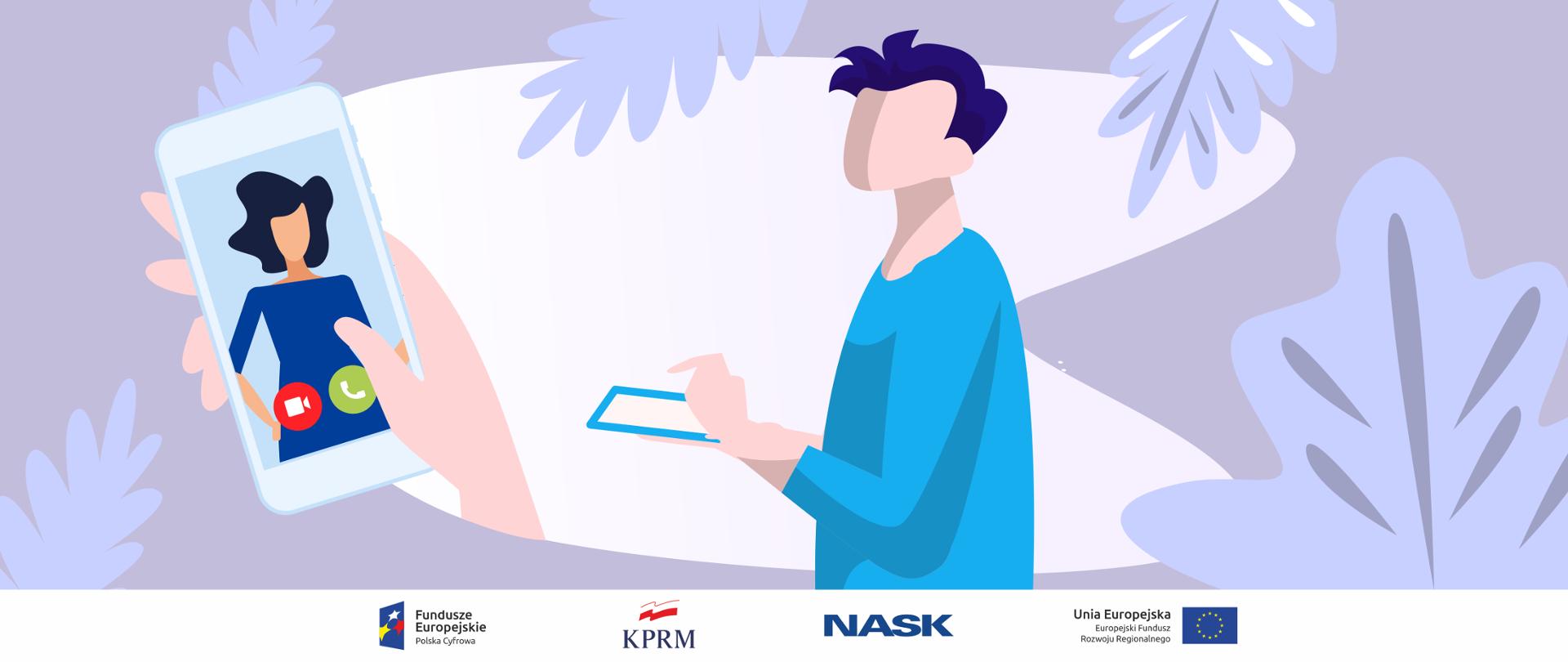 Grafika wektorowa, utrzymana w fioletowo-biało-niebieskiej stylistyce. Na środku - mężczyzna korzystający z laptopa. Z lewej strony - widoczna ręka trzymająca smartfona, dzwoniąca do widocznej na ekranie kobiety.