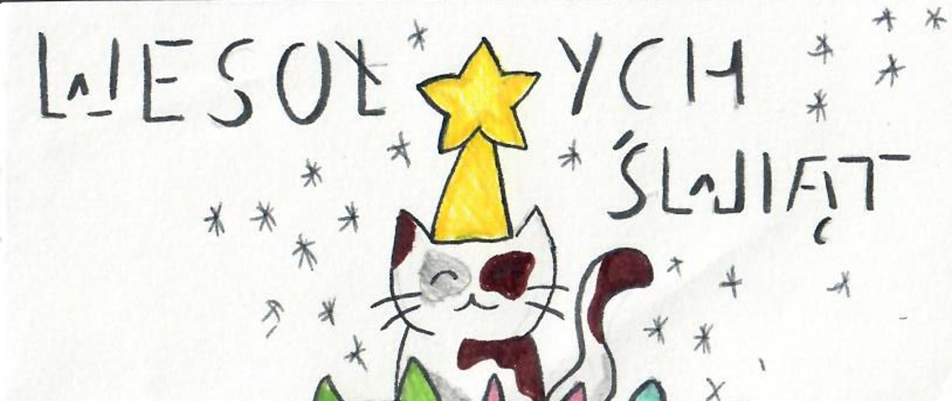 Kartka świąteczna, na niej choinka złożona z kotków.