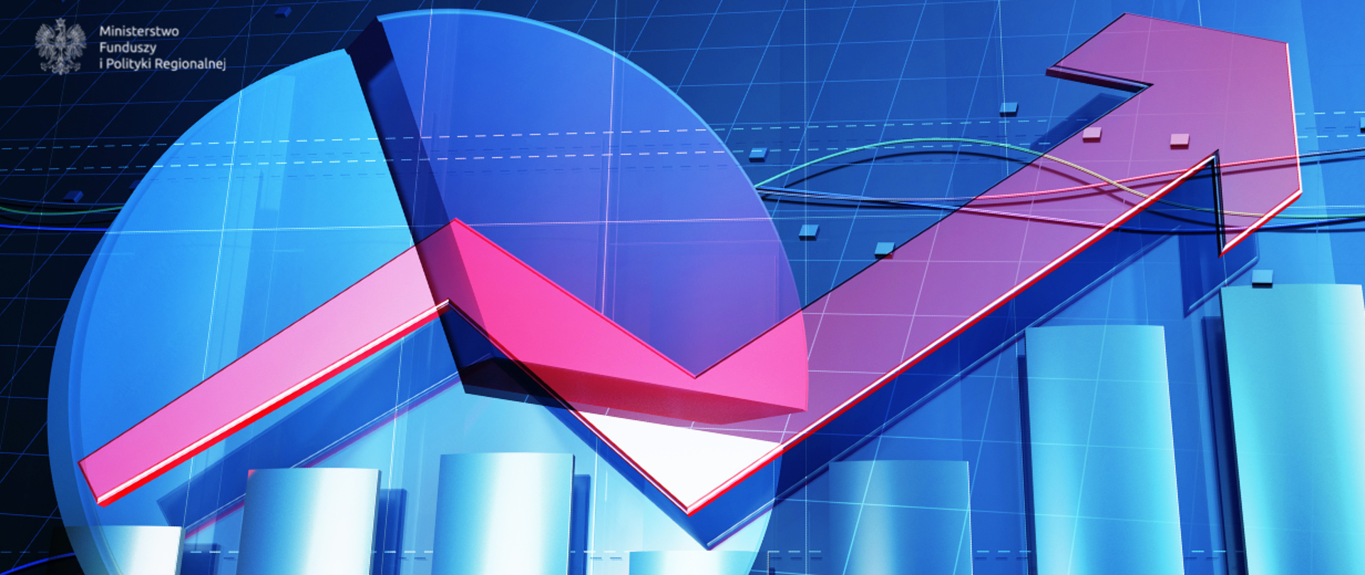 Grafika przedstawia wykresy, koła, strzałkę w górę.