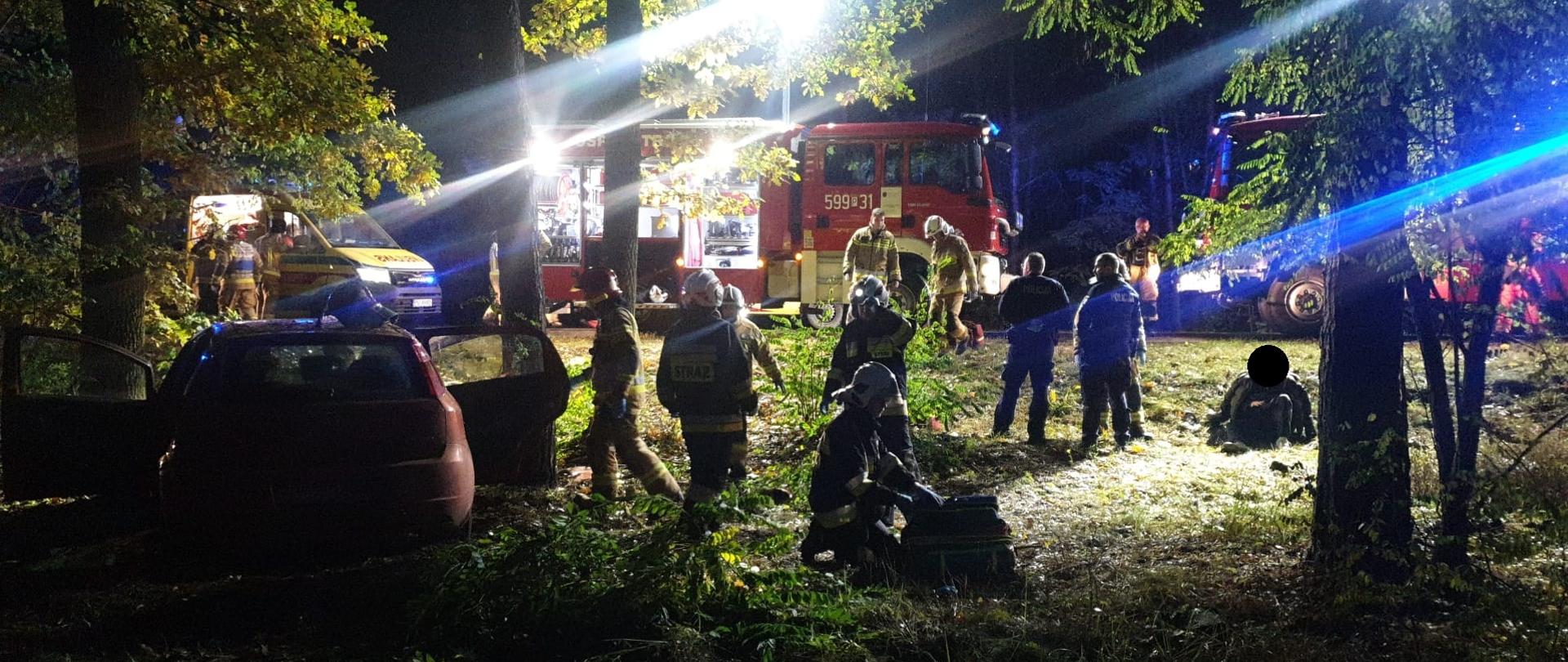 Samochód osobowy w lesie przy drzewie, w pobliżu strażacy i policja, na drodze pojazdy, jest ciemno