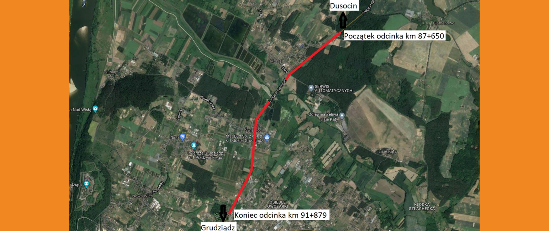 Mapa przedstawiająca plan rozbudowy drogi krajowej 55 na odcinku Grudziądz-Mokre