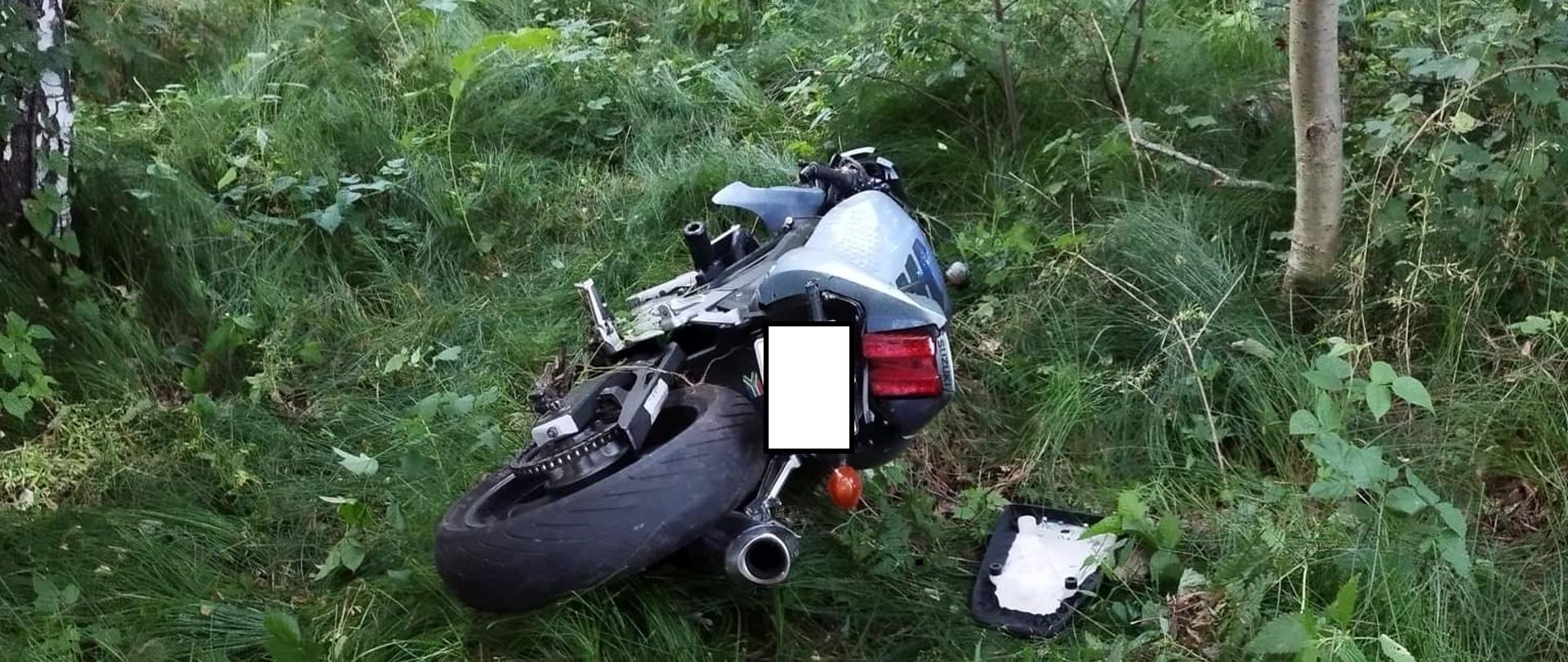 Na zdjęciu leżący motocykl w zadrzewionym terenie