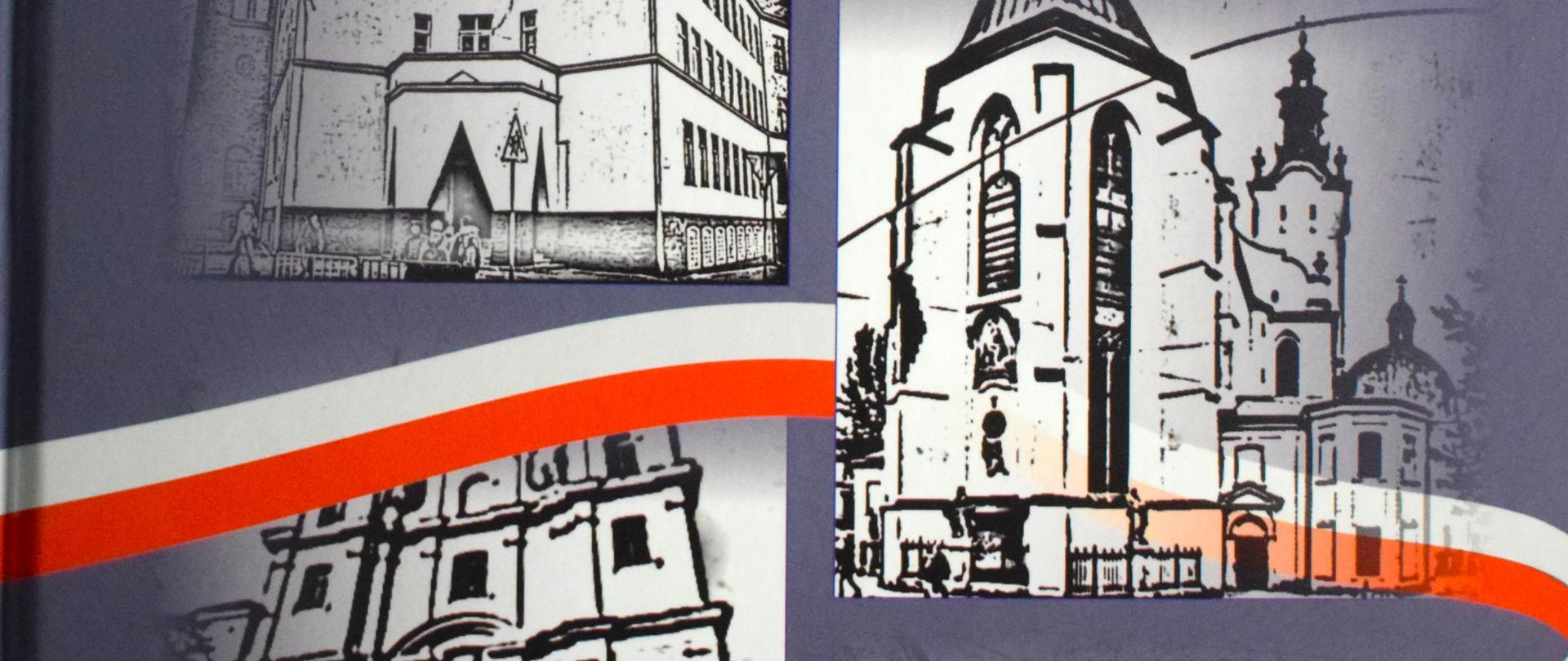 Okładka książki, z rysunkami budowli oraz biało-czerwoną wstążką wijącą się wśród nich