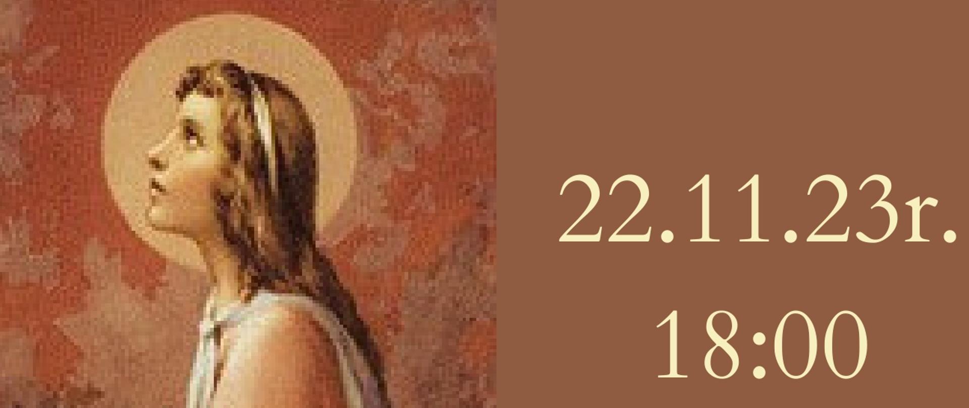 Brązowe tło na środku namalowany obraz świętej Cecylii, w koło informacje dotyczące koncertu 22 listopada 2023 r. o godz. 18.00 w Kościele Nawiedzenia NMP w Częstochowie 