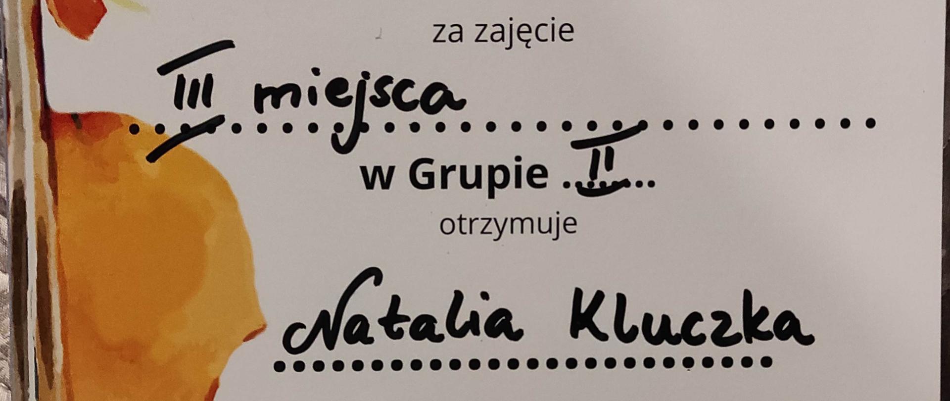 Dyplom dla Natalii Kluczki za zdobycie III miejsca w XI Ogólnopolskim Konkursie Sonat Uczniów Klas Skrzypiec i Altówki. 18 marca 2023r. Szczecin.