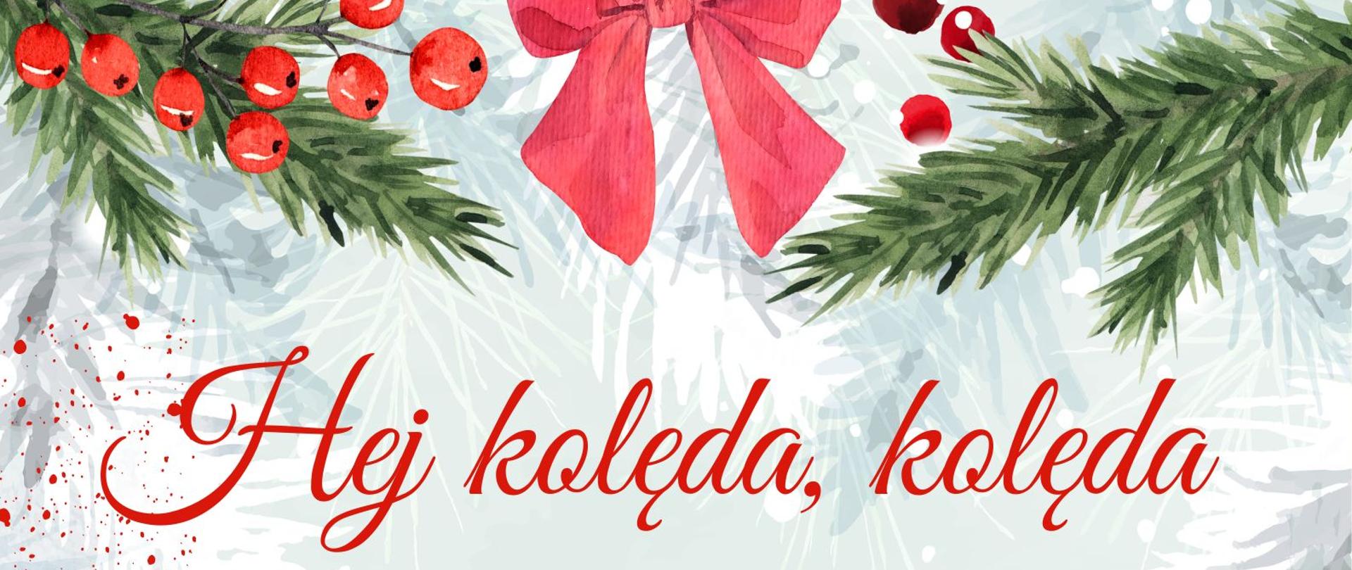 Plakat przedstawia grafikę na jasnoszarym tle z motywami świątecznymi i informacjami o koncercie kolęd w Szkole Podstawowej Nr 2 w Kępnie. Od góry po dwóch rogach znajdują się zielone gałązki świerku z czerwonym głogiem, pomiędzy którymi znajduje się czerwona kokarda. Na środku znajdują się informacje zapisane w kolorach czerwonym i zielonym (na przemian). W lewym dolnym rogu znajduje się choinka z czerwonymi nutami, obok której stoi jeleń. W prawym dolnym rogu widać kolorowe paczki z kokardami. Pomiędzy choinką a paczkami znajduje się logo szkoły muzycznej i szkoły podstawowej. 