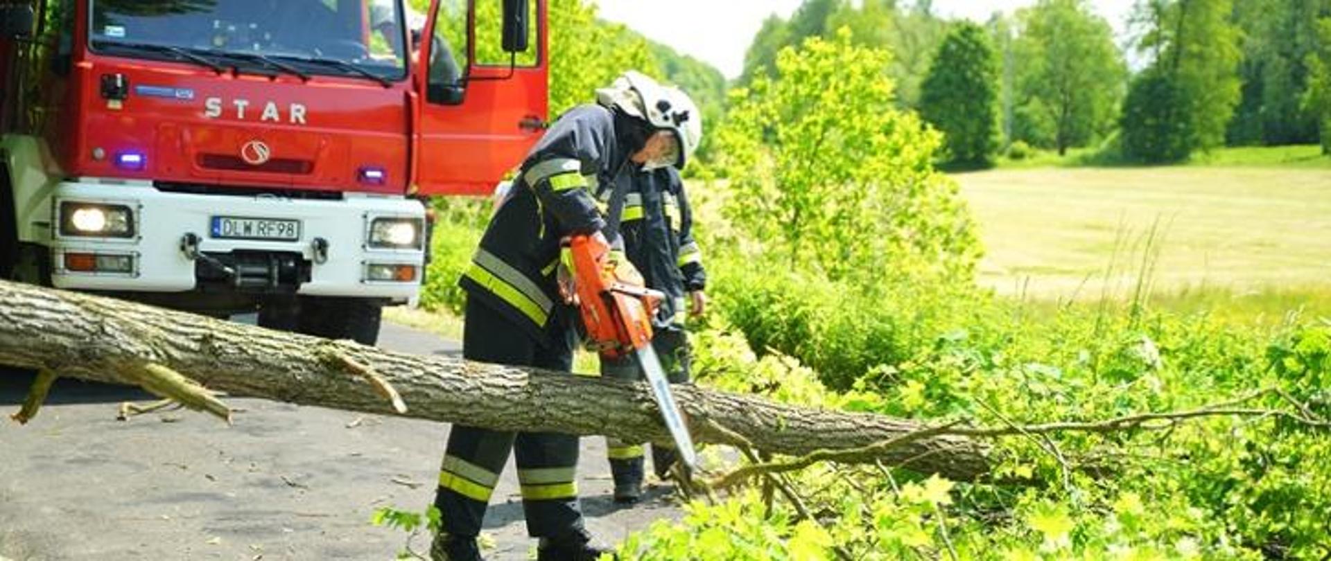 Strażak przecina piłą łańcuchową powalone drzewo blokujące drogę, obok stoi samochód pożarniczy wykorzystywany podczas działań ratowniczych.