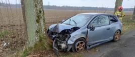 Zdjęcie przedstawia błękitny samochód po uderzeniu w drzewo. Za samochodem stoi strażak.