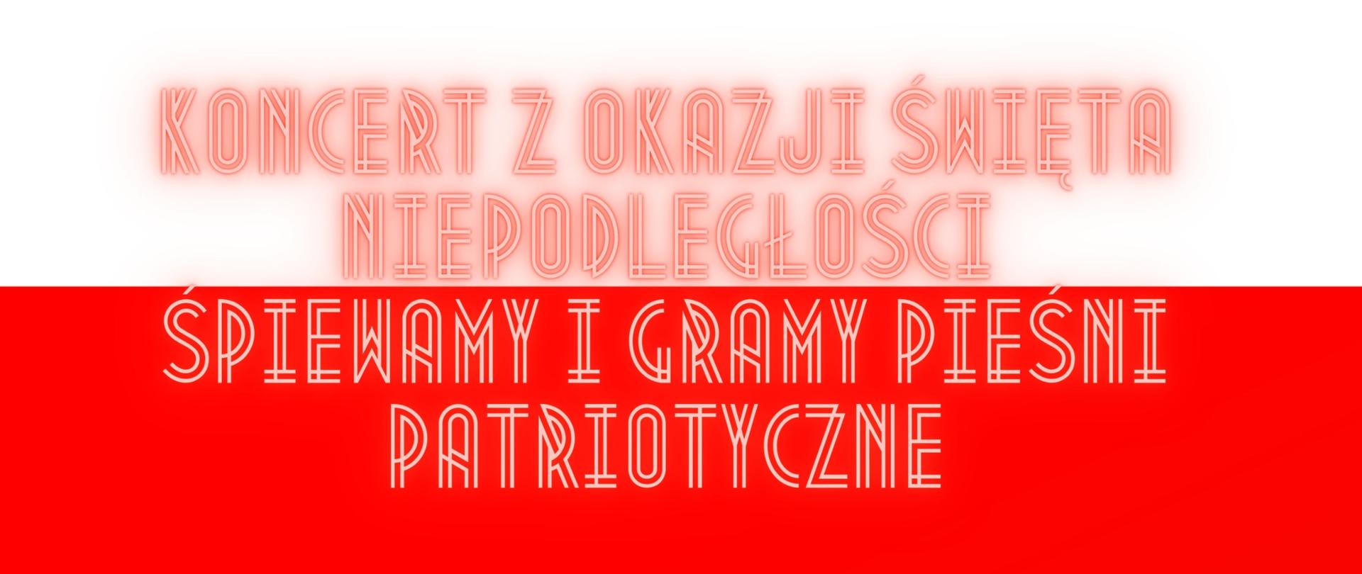 Plakat w kolorach bieli, czerwieni, czerni, brązu i beżu zawierający informacje związanie z koncertem z okazji Święta Niepodległości, obrazek skrzypiec z lewej strony plakatu z prawej strony informację o miejscu godzinie dacie wydarzenia.