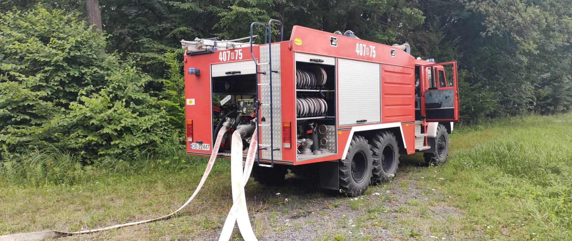 Ćwiczenia jednostek ochrony przeciwpożarowej w lesie. Na zdjęciu czerwony samochód gaśniczy.