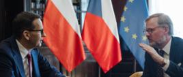 Premier Mateusz Morawiecki i premier Republiki Czeskiej Petr Fiala podczas wizyty premiera Polski w Pradze w ramach międzyrządowych konsultacji