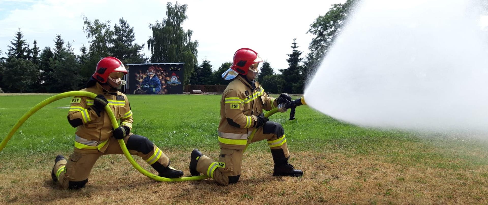 Na zdjęciu widnieją strażacy w trakcie szkolenia z zakresu gaszenia pożaru wewnętrznych. 