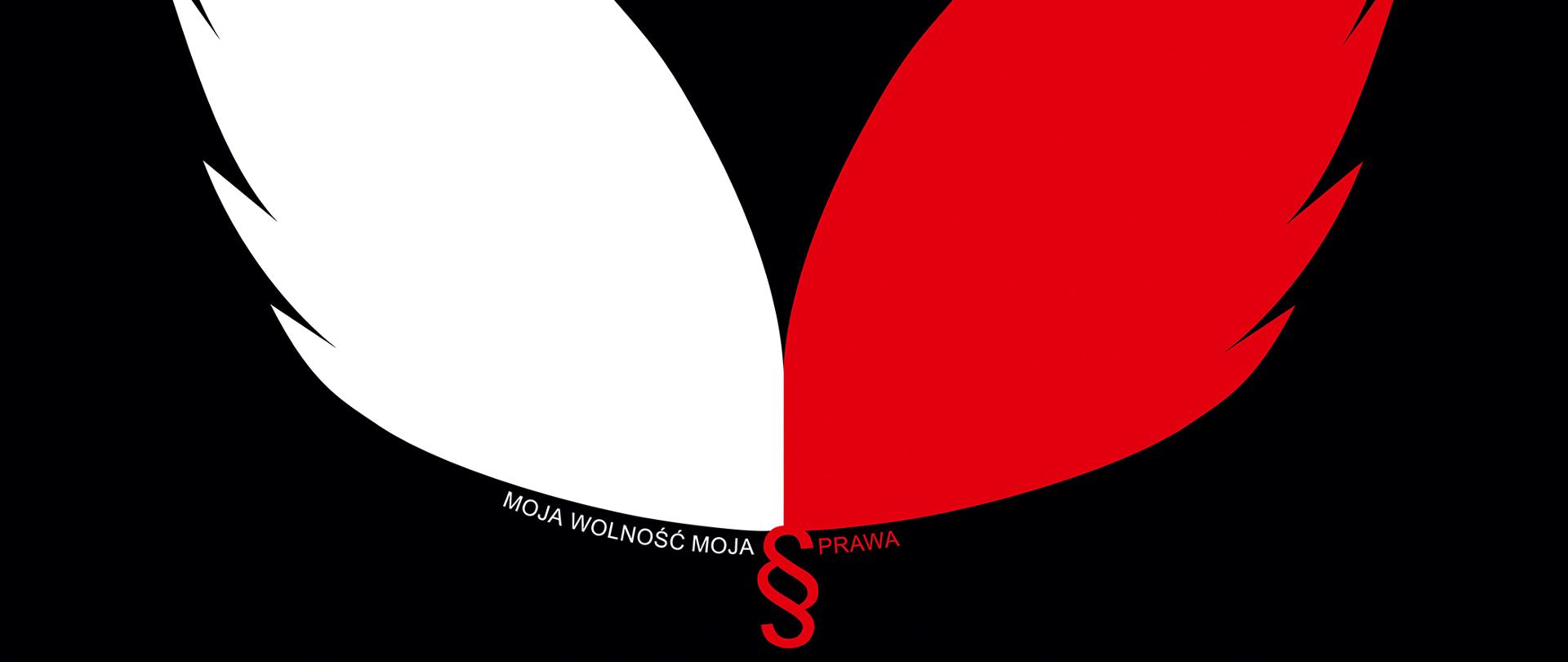 Plakat, na czarnym tle biało-czerwone skrzydła, pod nimi napis: moja wolność moja §prawa (literę s zastąpił znak paragrafu)