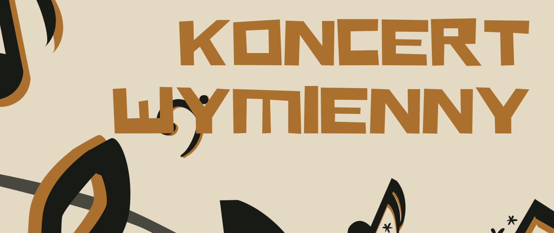 Plakat. Na beżowym tle informacja, że Państwowa Szkoła Muzyczna I stopnia w Oławie zaprasza na Koncert wymienny uczniów klas skrzypiec OSM I i II st. we Wrocławiu i PSM I st. w Oławie, który odbędzie się 17 października 2023 r. o godz. 18.00 w auli szkoły. W tle graficzne przedstawienie klucza wiolinowego oraz nutek na pięciolinii. 