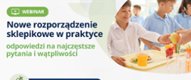 Grafika zawiera kod QR do spotkania oraz informacje o godzinie spotkania - 11:00, dacie - 29.10.2026 oraz czemu będzie poświęcone - nowe rozporządzenie sklepikowe, omówienie zmian, praktyczne wskazówki. W prawym górnym rogu zdjęcie uśmiechniętego dziecka odbierającego posiłek ze stołówki.