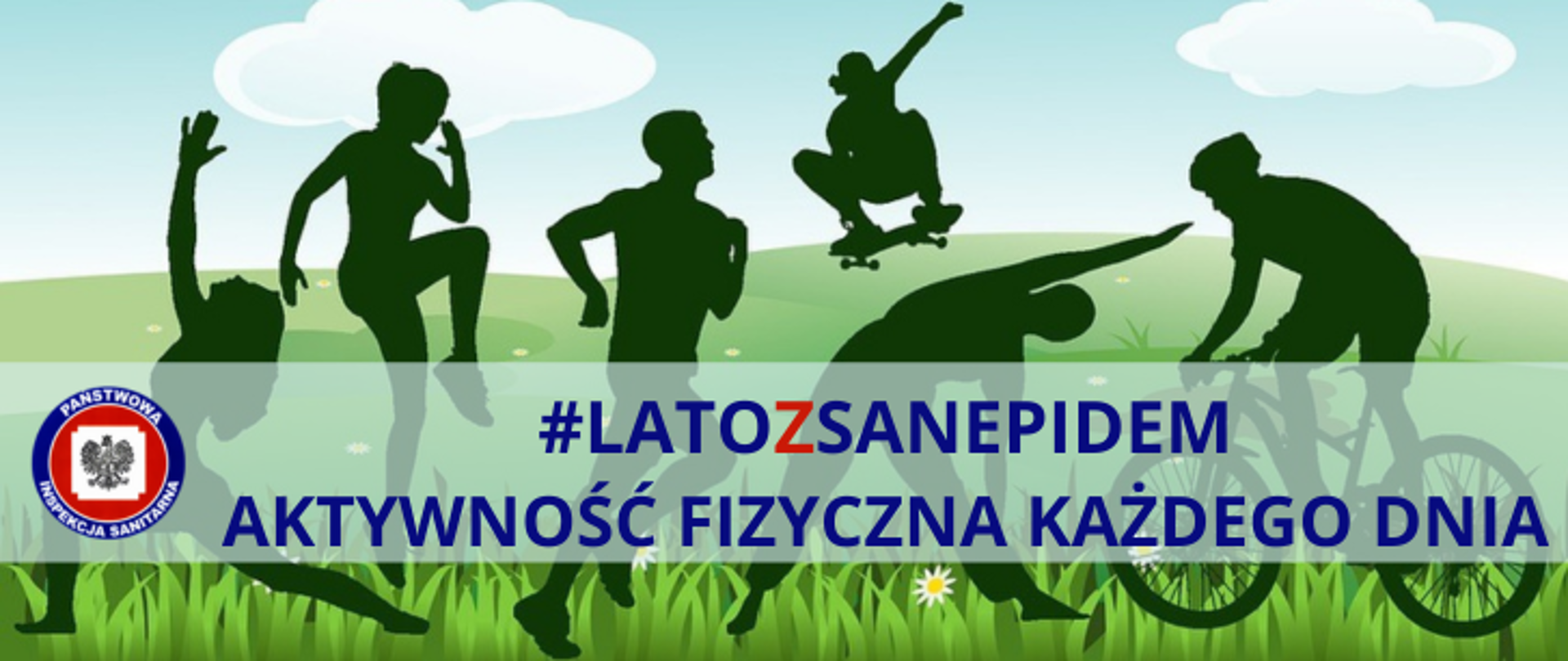 Widoczne sylwetki osób wykonujących aktywności fizyczne. Na dole grafiki po lewej stronie widoczne logo Państwowej Inspekcji Sanitarnej. obok widoczny napis #latozsanepidem Aktywność fizyczna każdego dnia.
