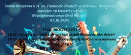 Na niebieskim tle znajdują się różne instrumenty muzyczne. Na górze strony informacja o odbywającym się w szkole muzycznej II stopnia Międzynarodowym Dniu Muzyki.