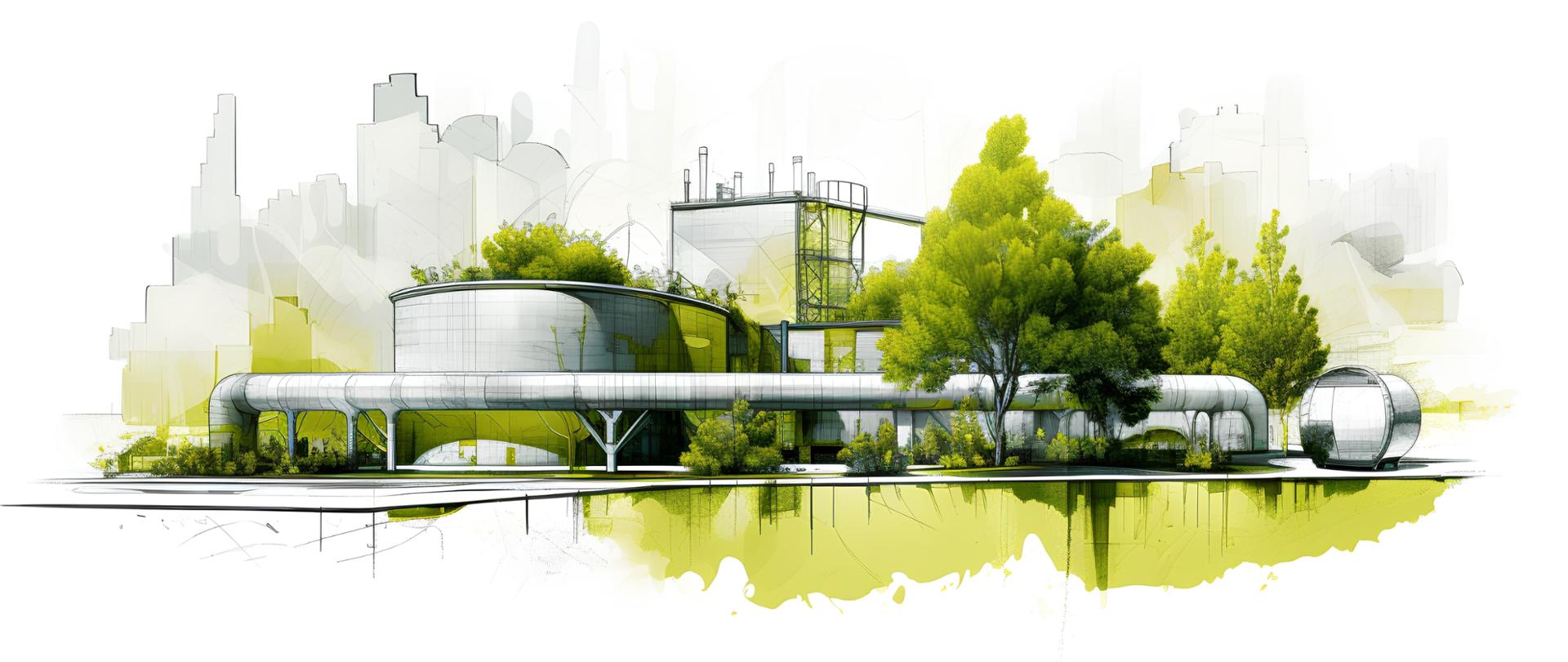 Illustrative representation of a bio energy plant project. The design of a sustainable energy facility, emphasizing on renewable resources and reducing environmental impact. Generative AI
