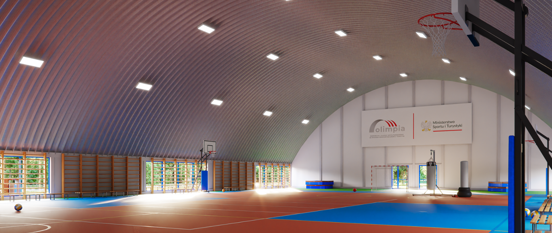 widok hali sportowej, półokrągły dach, boisko sportowe , bieżnia itd
