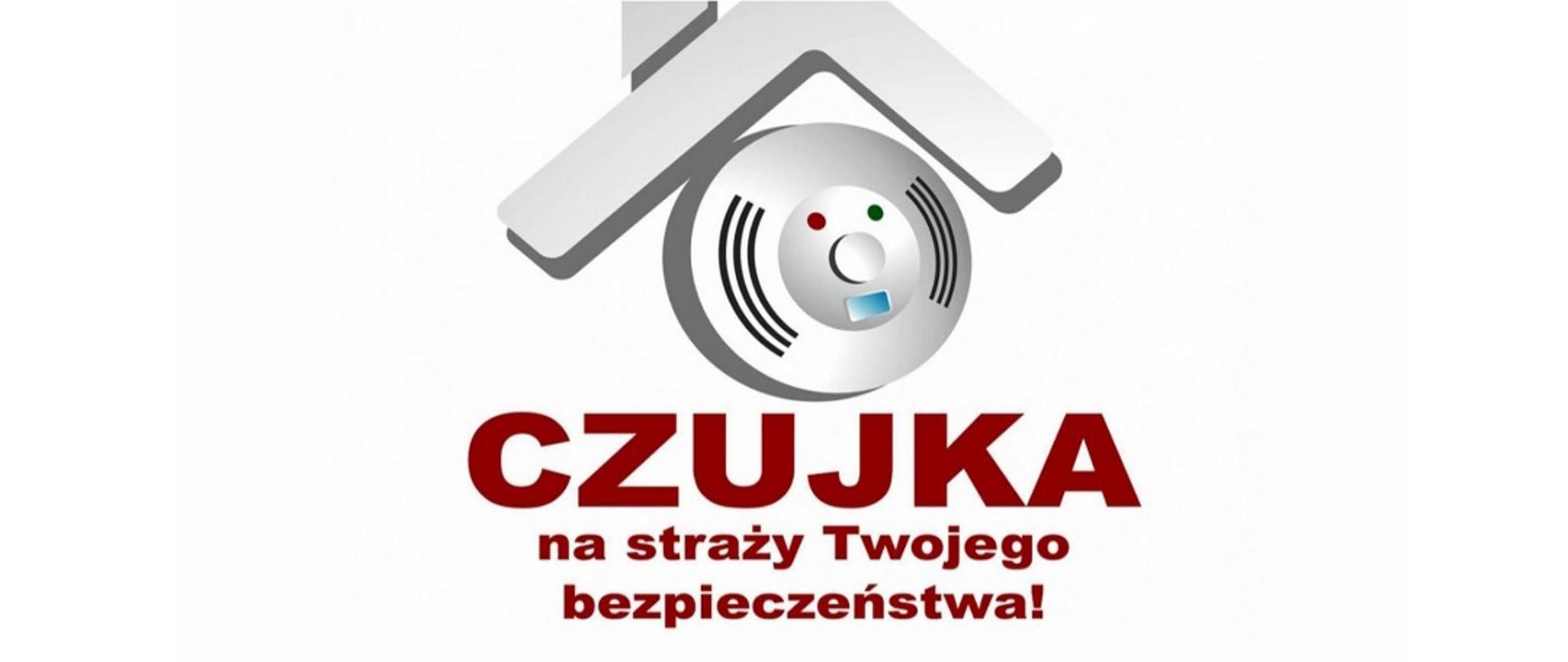 Grafika przedstawia czujkę dymu. Pod grafiką czerwony napisy CZUJAK na straźy Twojego bezpieczeństwa!