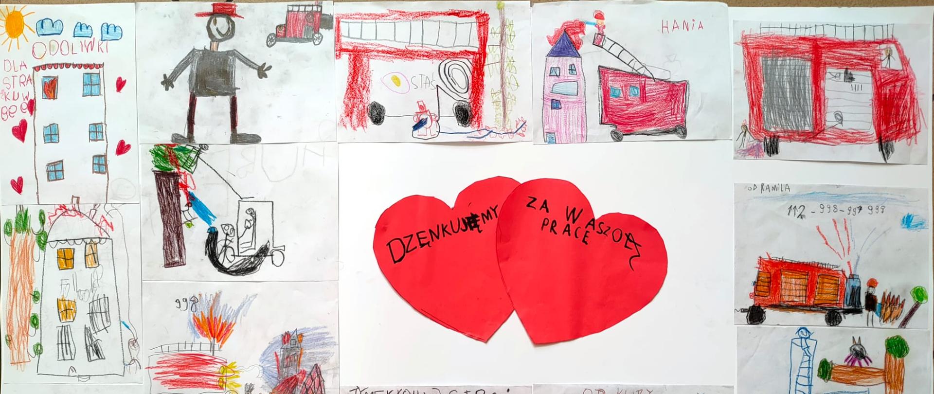 Na zdjęciu widoczne rysunki wykonane przez przedszkolaków przedstawiające pracę strażaków.