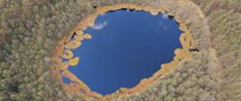 Jeziorka Kozie - fotografia wykonana z drona przedstawiająca jeden ze zbiorników wodnych w rezrwacie przyrody Jeziorka Kozie. Widoczny jest las otaczający zbiornik, płaty torfowców pływających po wodzie, a także drewnianą kładkę.
