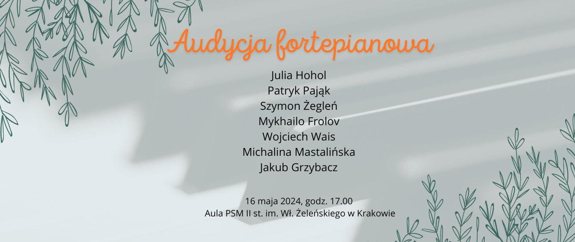 w tle rozmazana klawiatura fortepianu, w lewym górnym i prawym dolnym rogu motywy roślinne na środku napis czarny informujący o wykonawcach oraz dacie i miejscu wydarzenia