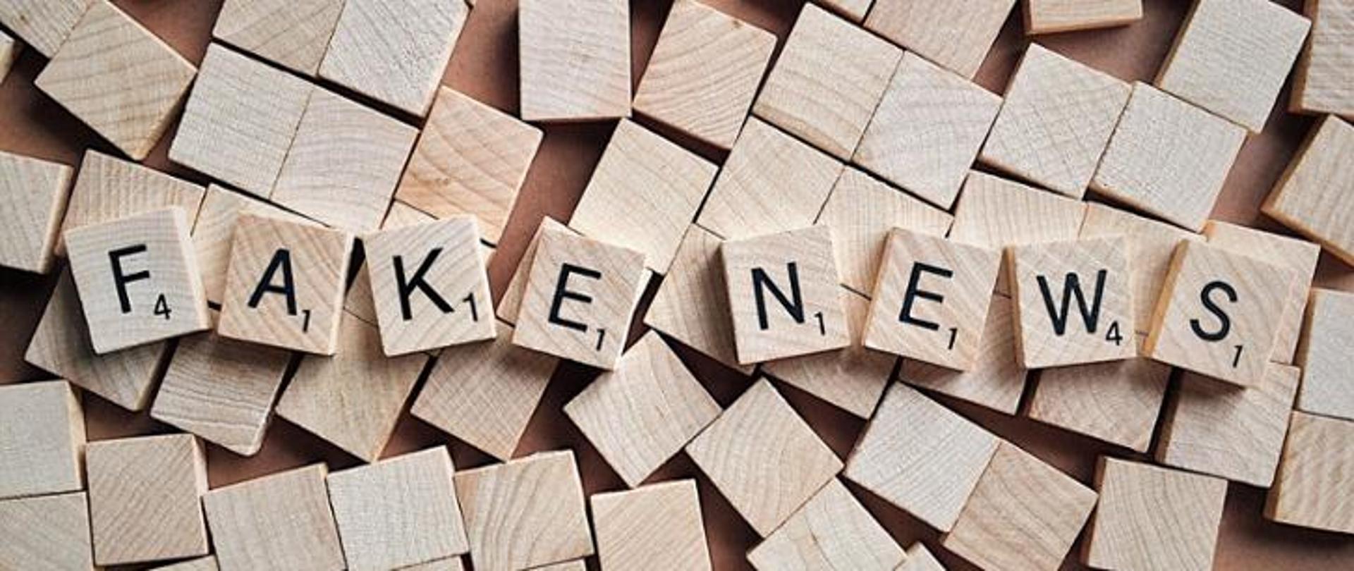 Drewniane klocki, ułożony napis fake news