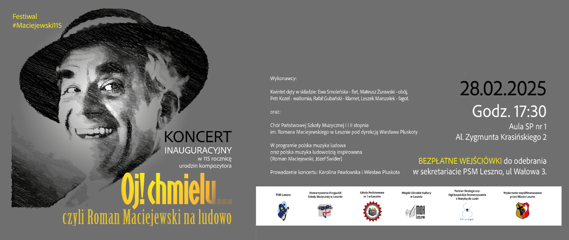 Plakat z grafiką mężczyzny oraz białymi i zółtymi napisami na szarym tle