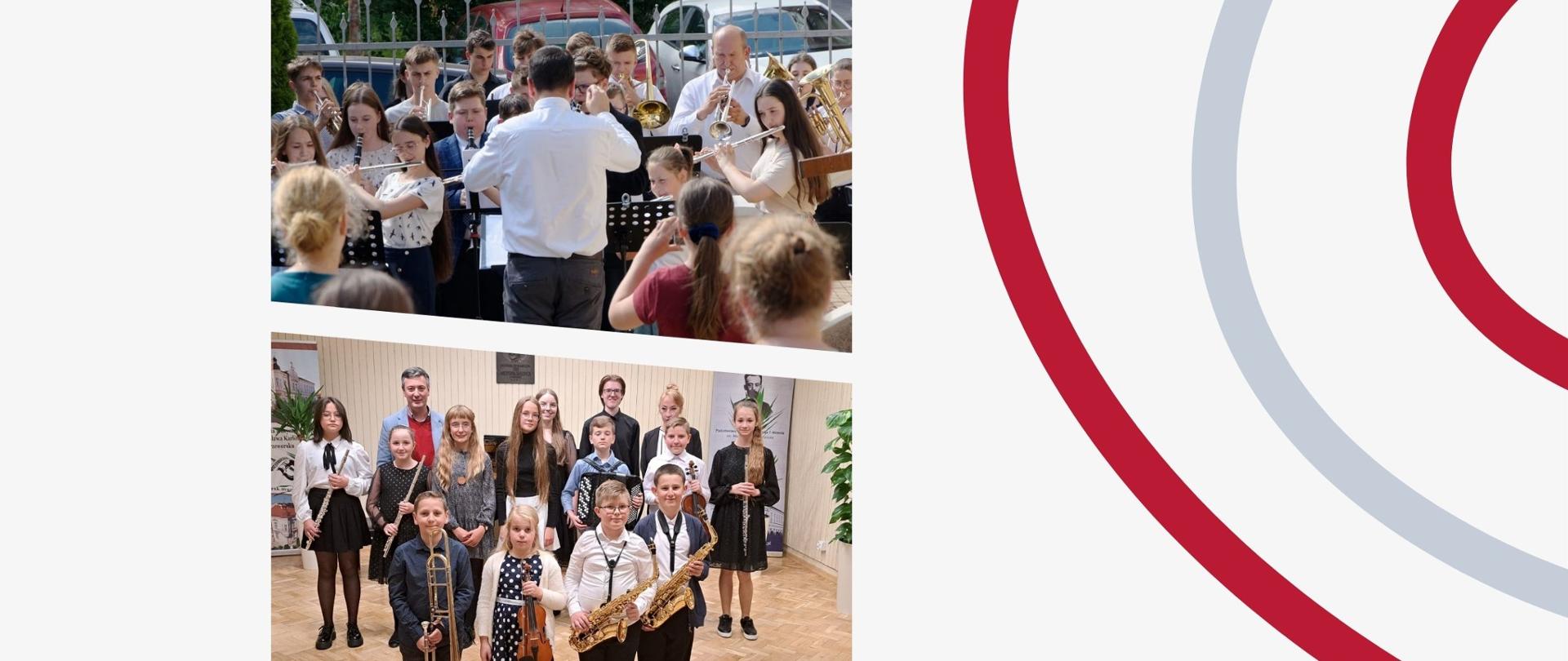 Plakat informujący o koncercie z okazji 250 rocznicy powołania Komisji Edukacji Narodowej. Koncert odbywa się 17 października 2023 r. w szkolnej auli. Na plakacie widoczne zdjęcia chóru, orkiestry oraz uczniów z instrumentami na scenie. Plakat utrzymany w kolorystyce biało-czerwonej.