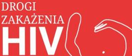 Agata Martenka , plakat na czerwonym tle pt. drogi zakażenia HIV, podano 3 drogi zakażenia, przedstawiono rysunek pary oraz dłoni obejmujących ciążowy brzuch, 3 drogi zakażenia: poród, karmienie piersią, niesterylne igły, kontakty seksualne