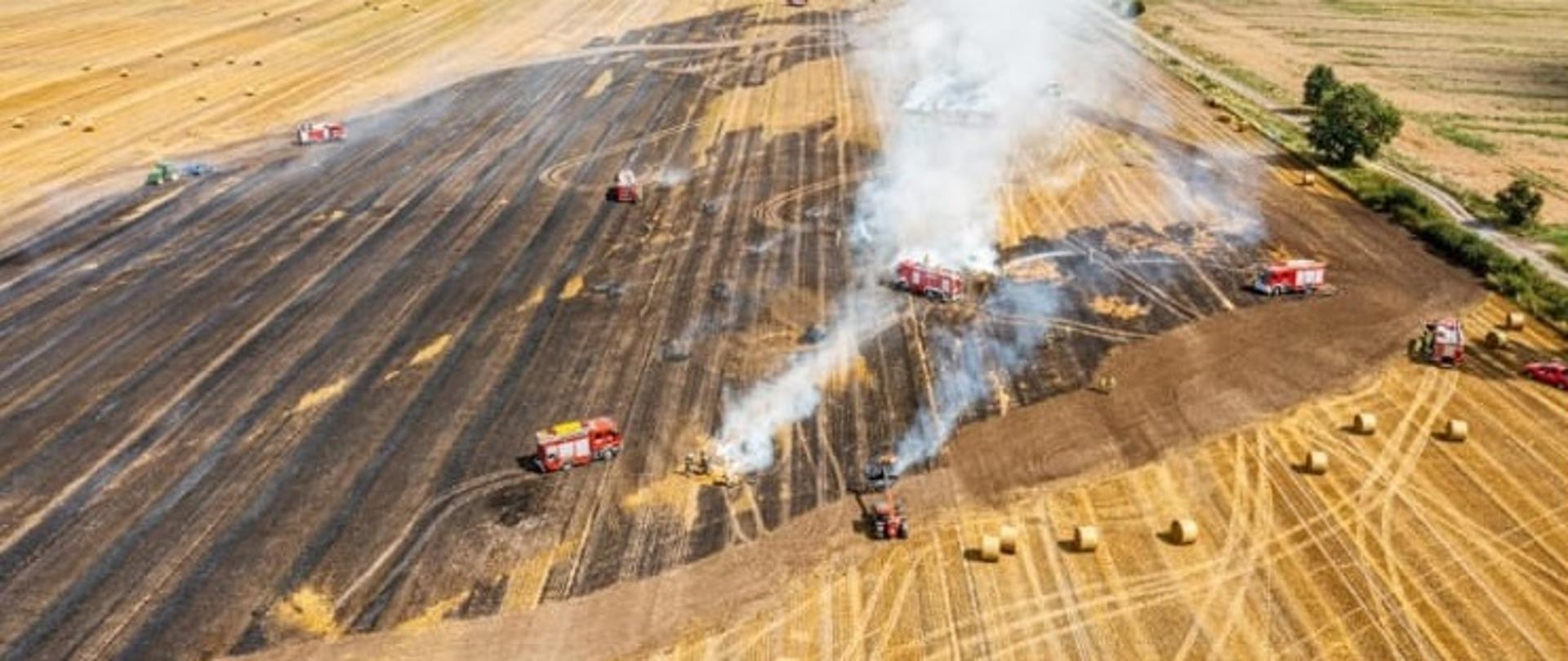Widoczny z lotu ptaka pożaru ścierniska na polu. Widoczne samochody strażackie gaszące pożar.