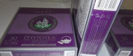 Tekturowe w kolorze fioletowym opakowanie suplementu diety PHYTOTEA