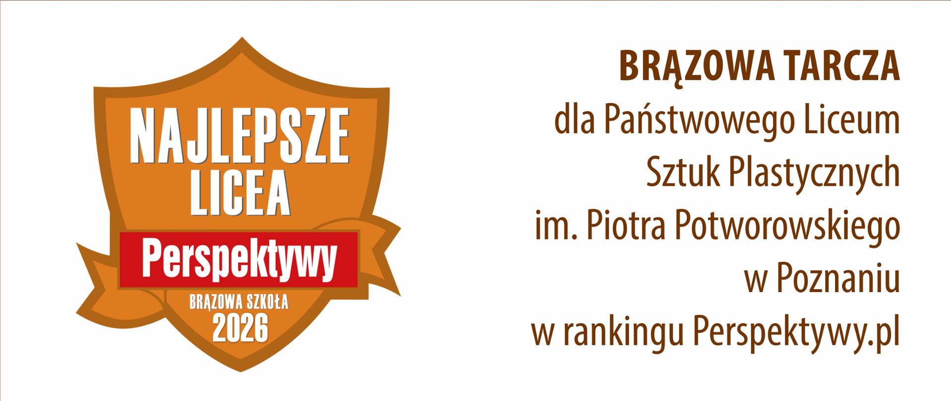 Baner z brązową tarczą perspektyw po lewej stronie i napisie po prawej