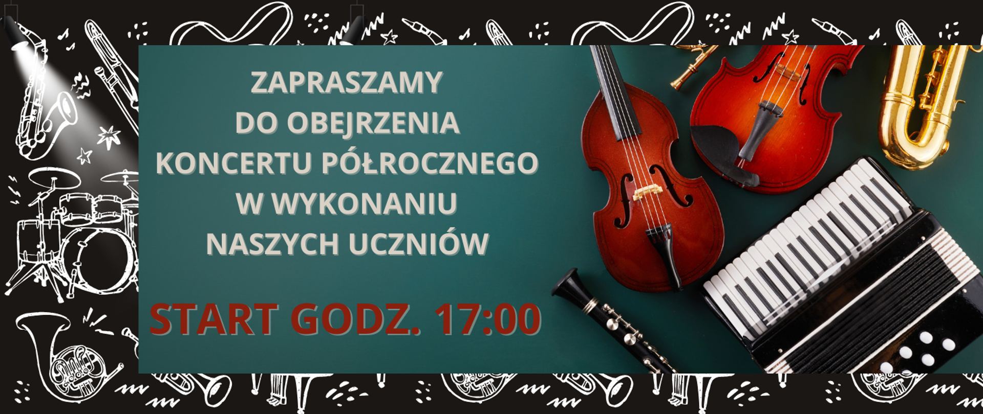 baner z czarnym tłem, na którym znajdują się ikony instrumentów, po prawej zdjęcia instrumentów, na środku napis