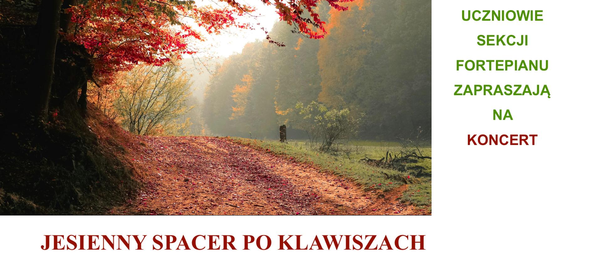 Na plakacie dominuje duże zdjęcie jesiennego lasu, zajmujące górną część kompozycji i przedstawiające leśną drogę pokrytą opadłymi liśćmi, tonącą w ciepłych barwach czerwieni, pomarańczy i złota. Po prawej stronie, na białym tle, umieszczono blok zielonego tekstu zapisany wersalikami: „UCZNIOWIE SEKCJI FORTEPIANU ZAPRASZAJĄ NA”, a poniżej, wyróżniony czerwonym kolorem, wyraz „KONCERT”. Pod zdjęciem, na białej przestrzeni, widnieje tytuł wydarzenia „JESIENNY SPACER PO KLAWISZACH” w dużej, bordowej czcionce, a pod nim hasło „chopinowskie echa……” zapisane pomarańczowym kolorem. Niżej umieszczono szczegóły dotyczące daty i miejsca – zielony napis „27 LISTOPADA 2025 ROKU O GODZ. 16:30” oraz „W SALI KAMERALNEJ”. Całość nie zawiera logotypów, a kompozycja opiera się na kontraście między barwną jesienną fotografią a czystym, białym tłem z kolorowymi napisami.