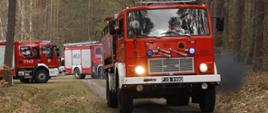 Zdjęcie przedstawia samochody pożarnicze na drodze leśnej