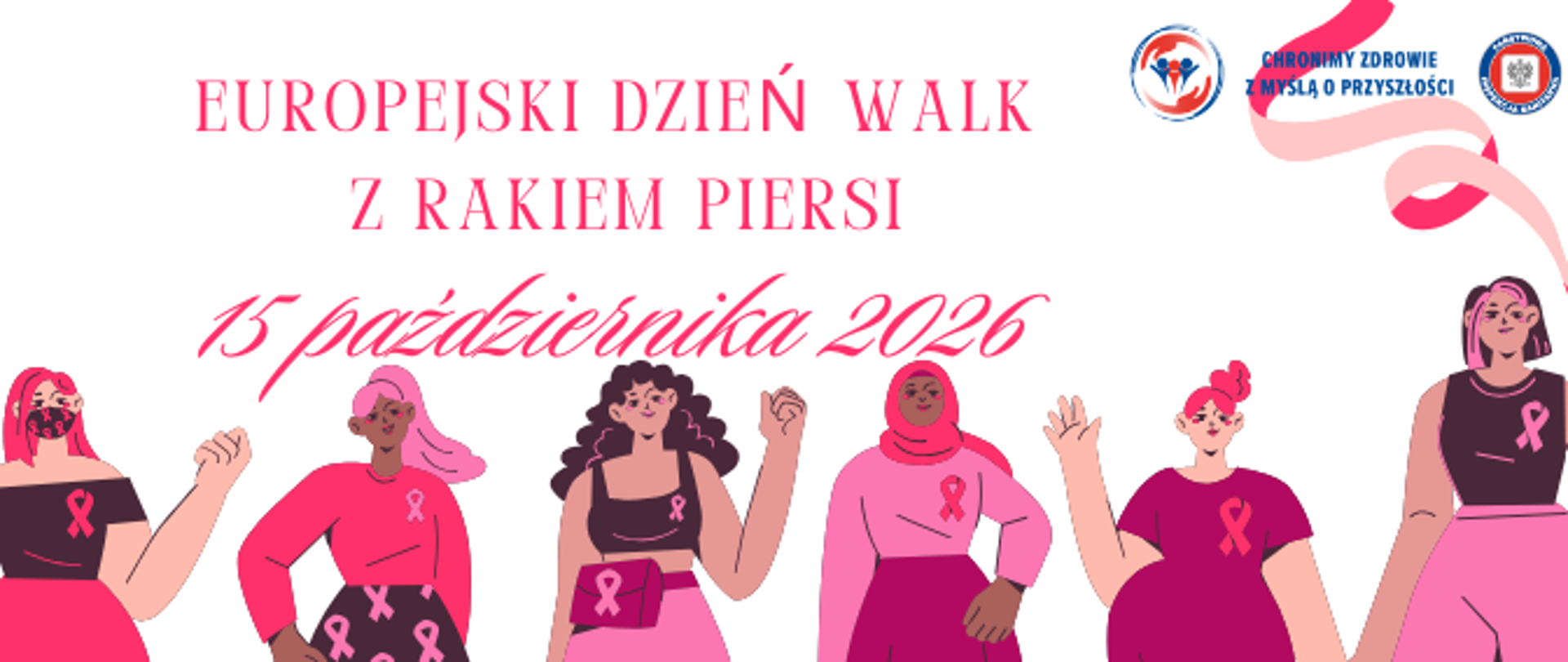 Rysunek, kobiety ubrane na różowo, z przypiętymi różowymi wstążkami