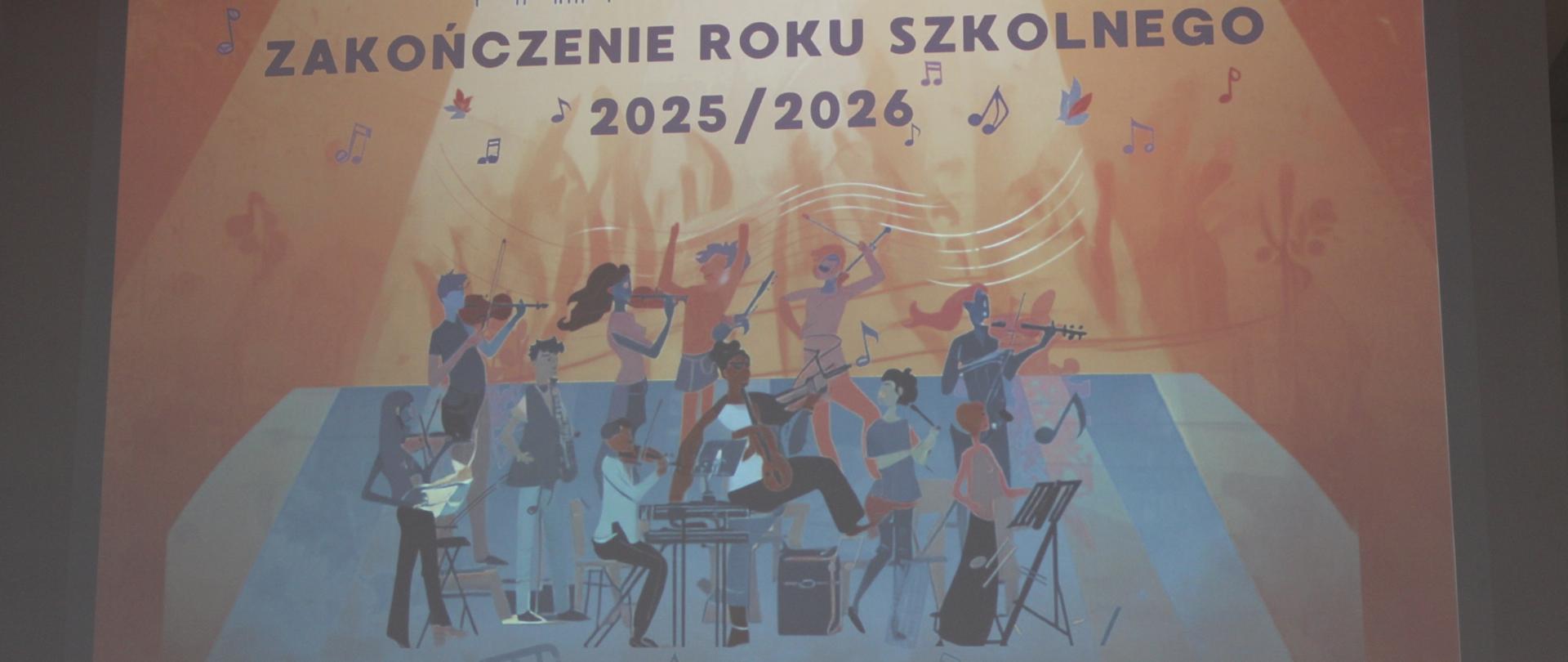 plakat muzyczny na zakończenie roku szkolnego, przedstawia zespół orkiestrowy