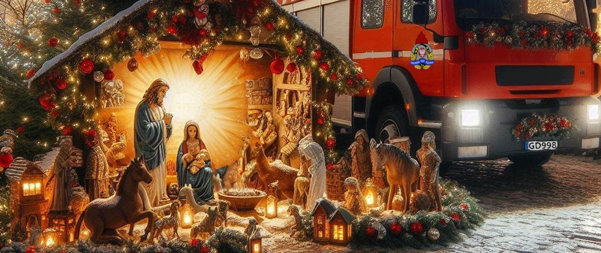 Na obrazie widoczna szopka świąteczna, obok samochód PSP ozdobiony świątecznie, w tle choinki i starówka Gdańska. Poniżej życzenia świąteczno-noworoczne.
