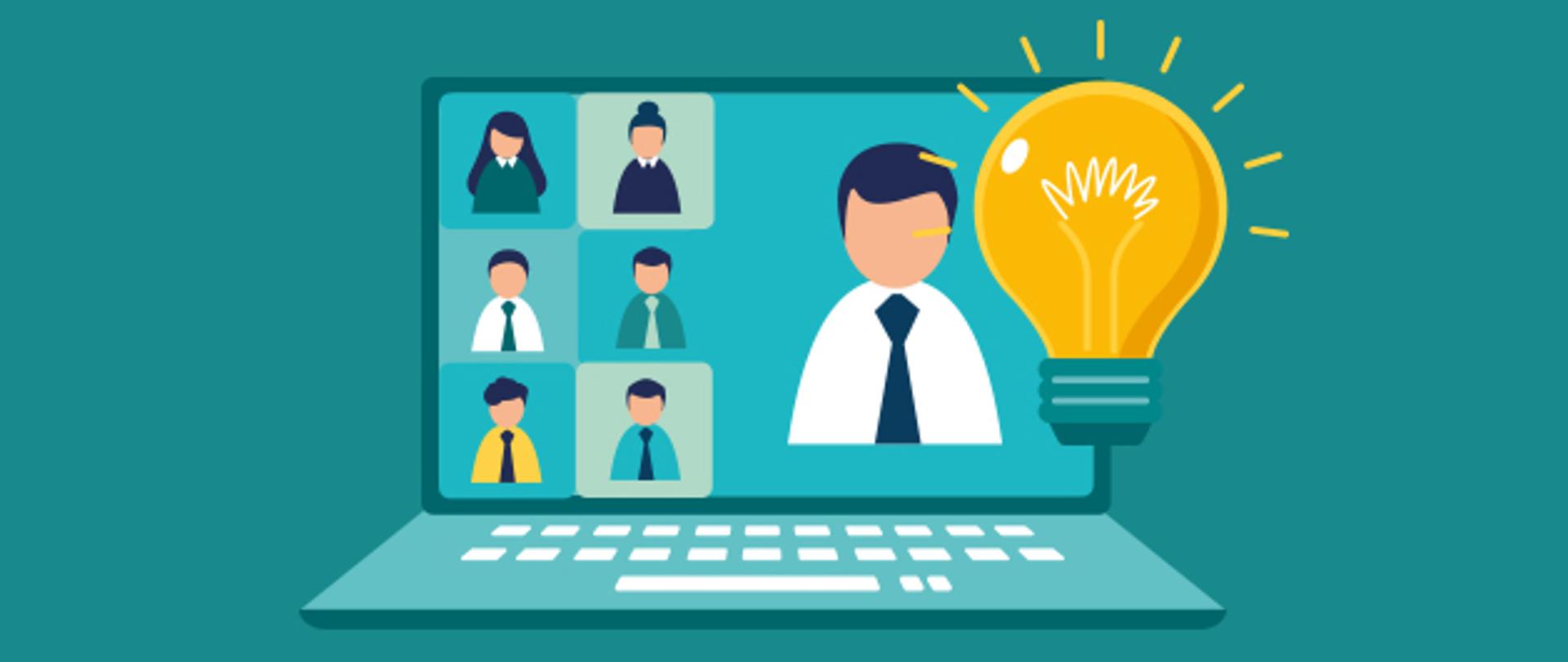 Na obrazku przedstawiony jest otwarty laptop, widać ikonki sześciu osób uczestniczących w szkoleniu oraz ikonkę jednego prowadzącego. Przy laptopie znajduje się obrazek zapalonej żarówki.