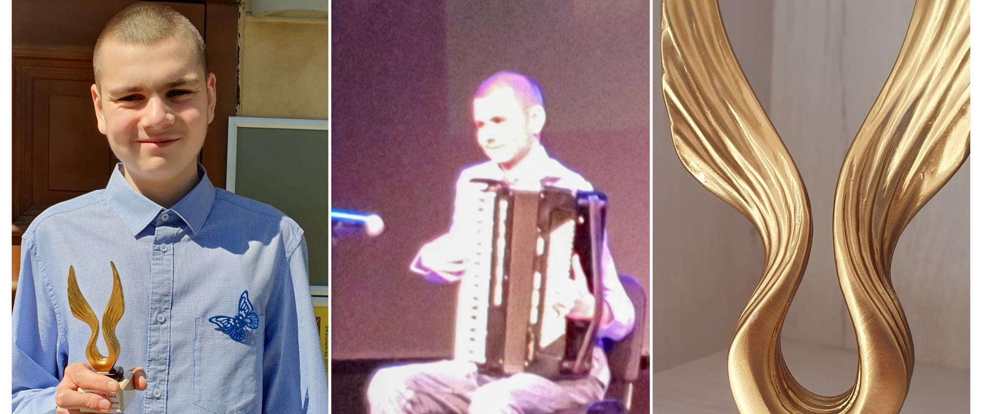 Trzy zdjęcia przedstawiające - od lewej strony - Necmi Demira trzymającego statuetkę przed Teatrem Starym w Bolesławcu; na środku - Necmi Demira grającego na akordeonie, na scenie Teatru Starego w Bolesławcu; po prawej stronie - statuetkę III Gali Talentów.